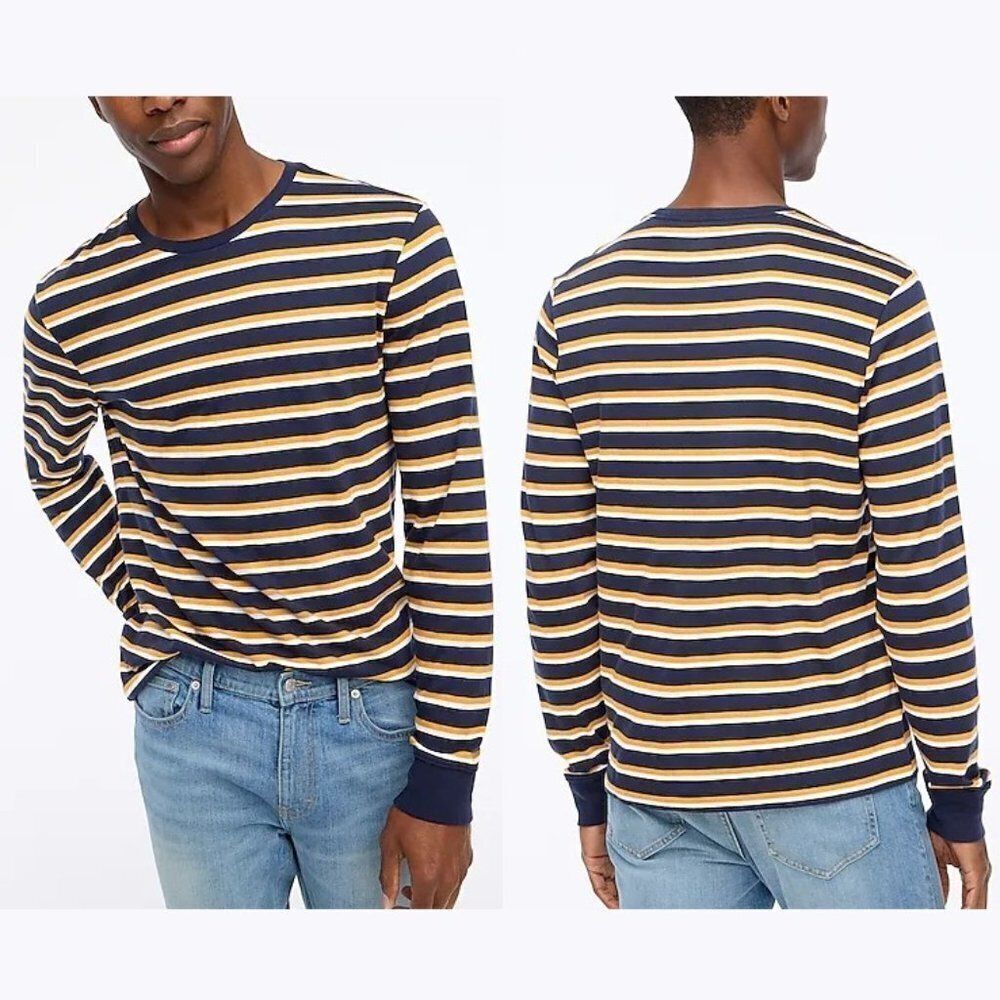 J Crew Men's Striped Shirt Long Sleeve 100% Cotton Jersey Navy Mustard Size XL